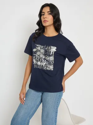 Madame Graphic And Typography Print Navy Blue Cotton T-Shirt Outdoor Gear Comfortable Weave