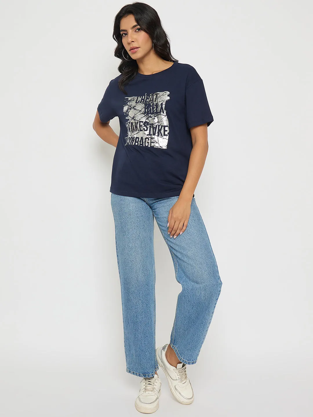 Prom Cozy and Fashionable Madame Graphic And Typography Print Navy Blue Cotton T-Shirt