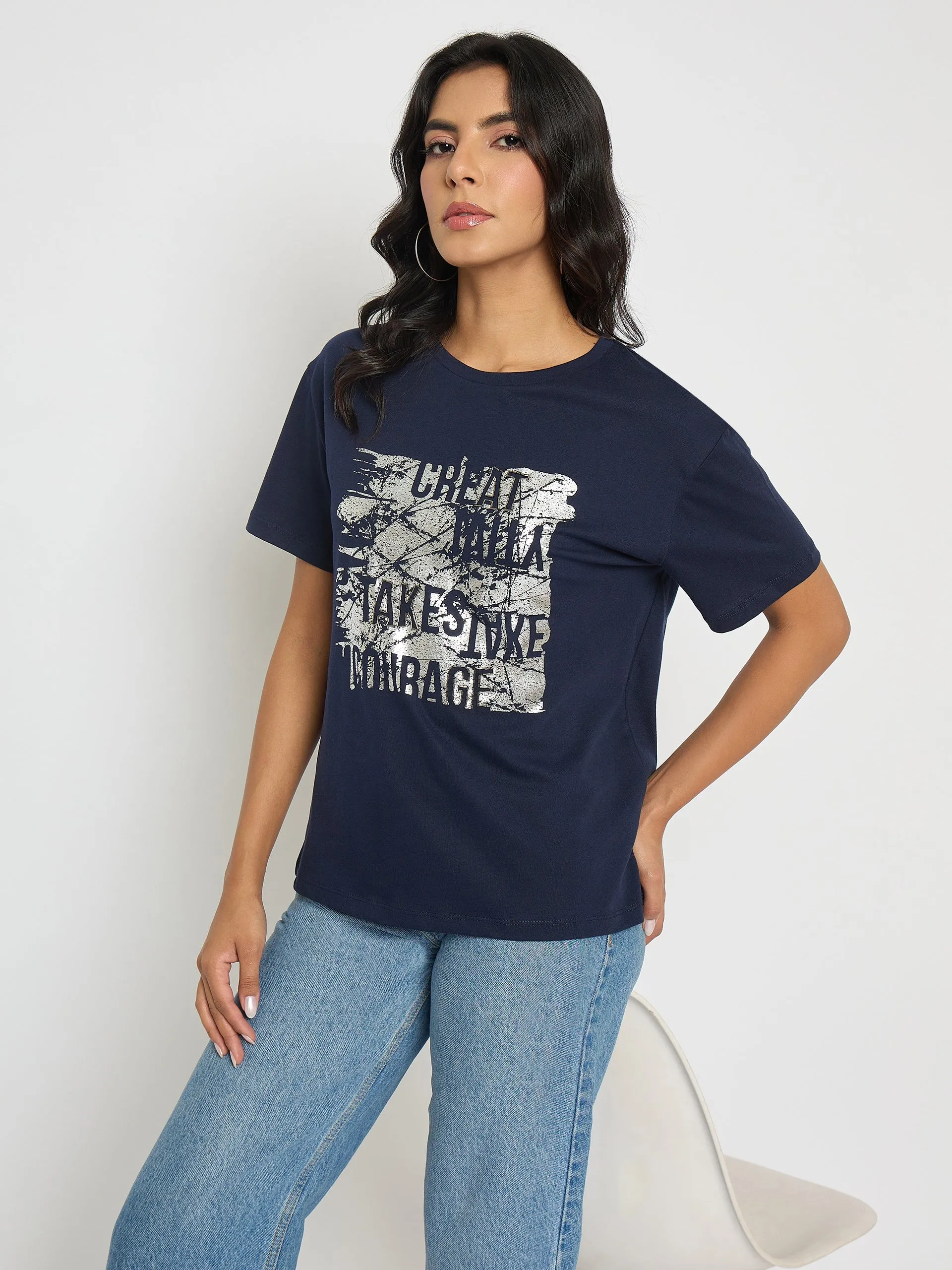 Madame Graphic And Typography Print Navy Blue Cotton T-Shirt Outdoor Gear Comfortable Weave