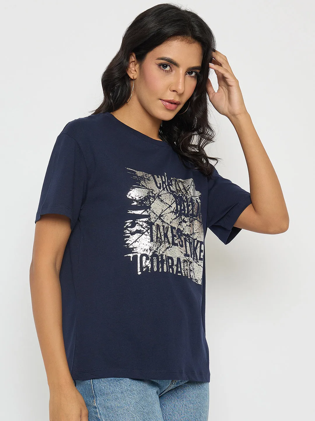 Cozy Layer Everyday Fashion Look Madame Graphic And Typography Print Navy Blue Cotton T-Shirt