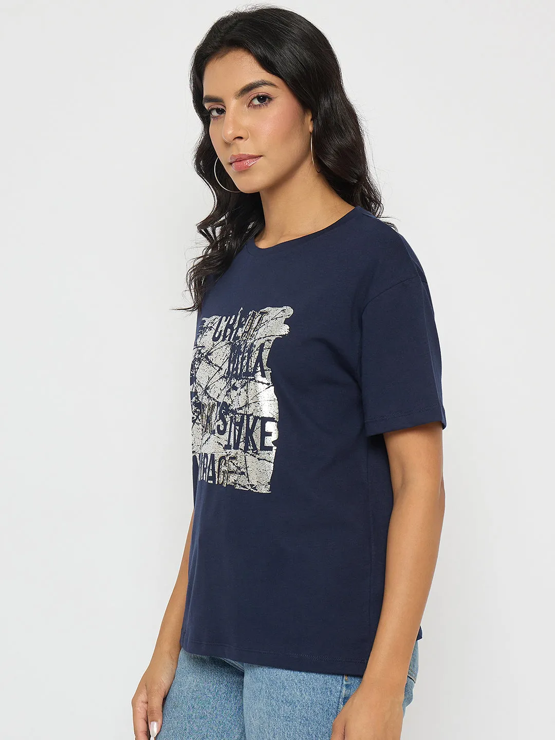 Comfy Style ReinforcedNeckline Madame Graphic And Typography Print Navy Blue Cotton T-Shirt