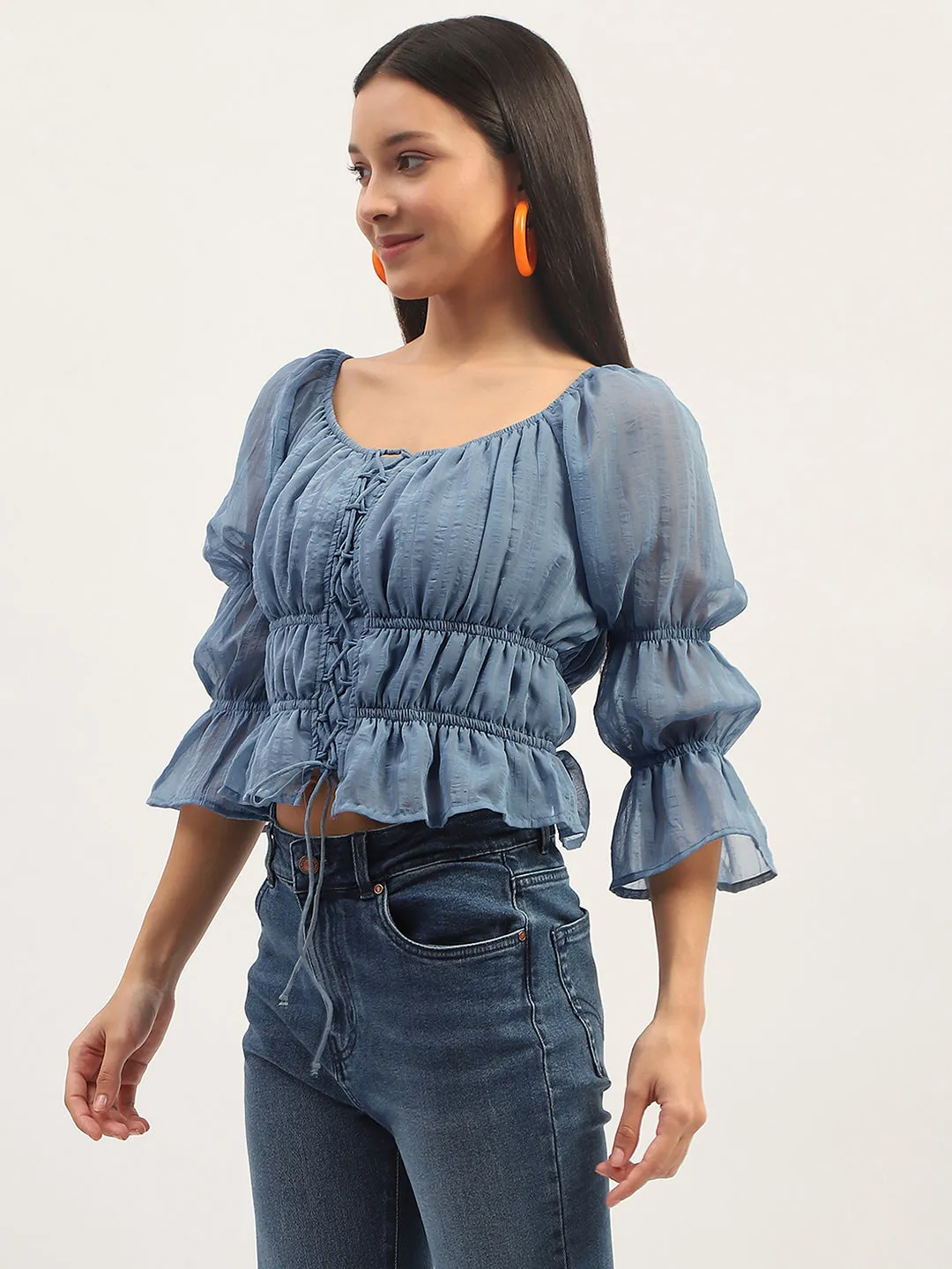 Madame Ruched Detailing Blue Peplum Top Antibacterial Treatment