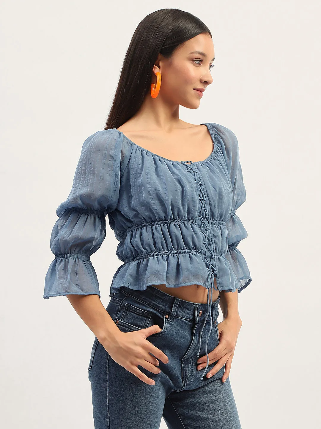 Madame Ruched Detailing Blue Peplum Top Bold Fashion