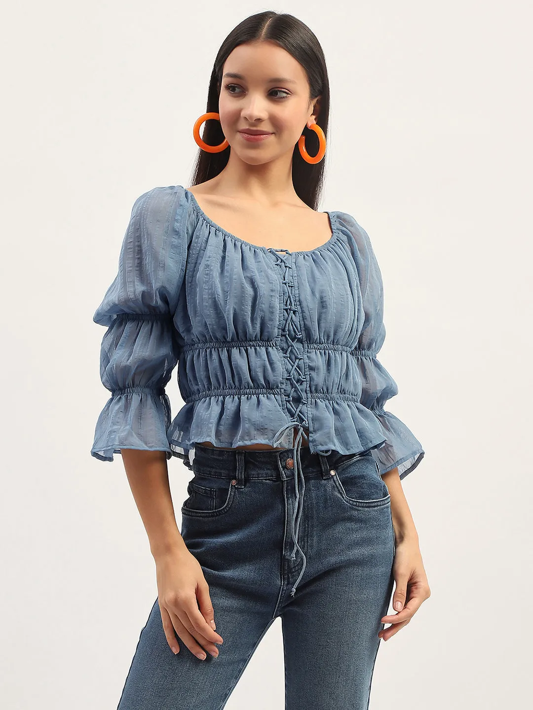 Madame Ruched Detailing Blue Peplum Top ErgonomicCut Adjustable Hem