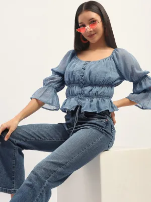 Madame Ruched Detailing Blue Peplum Top Winter Essential Easy Go