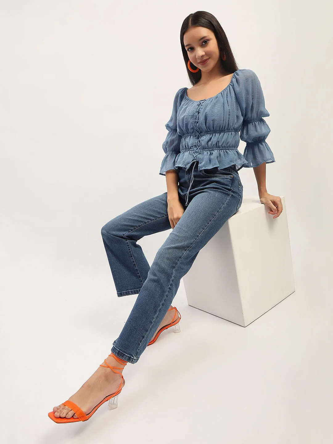 NonSlipTrims Madame Ruched Detailing Blue Peplum Top