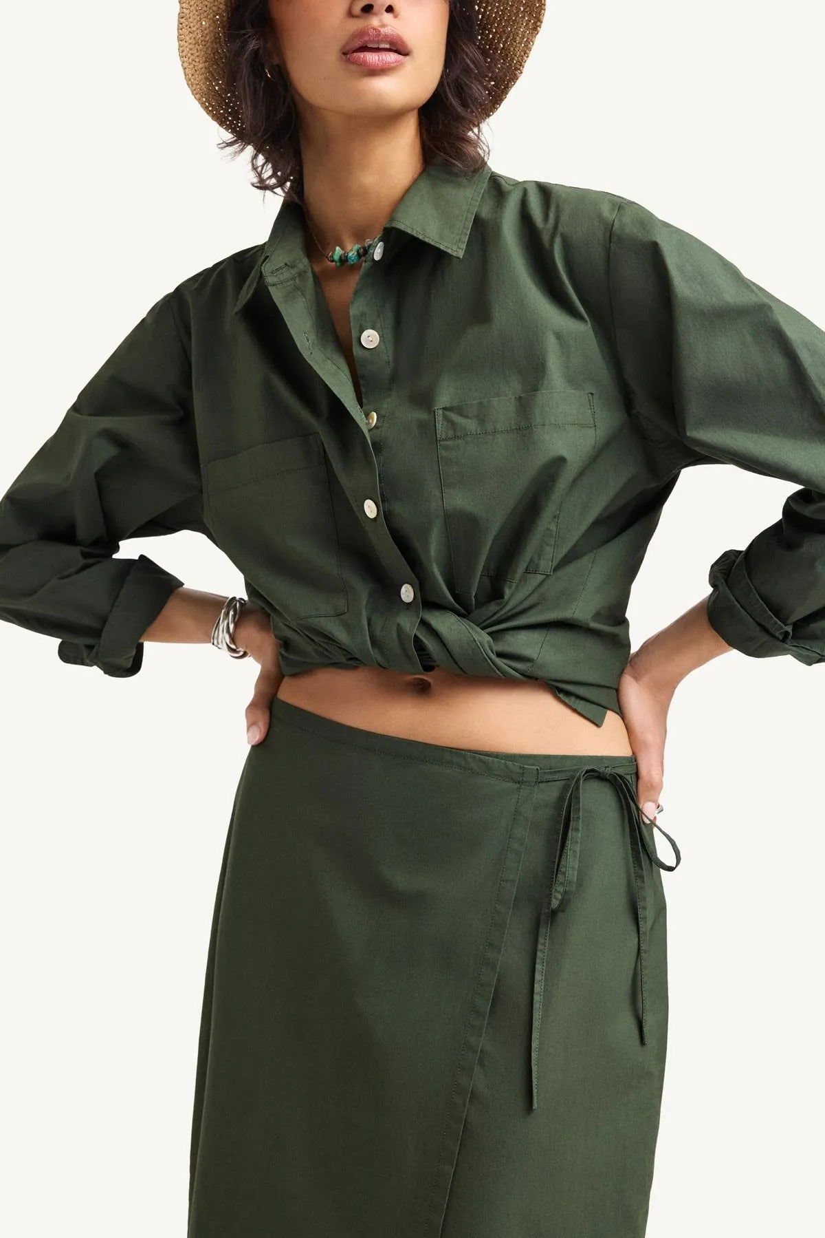 Laid Back Look Detachable Detail Willa Wrap Skirt - Forest Cotton Poplin