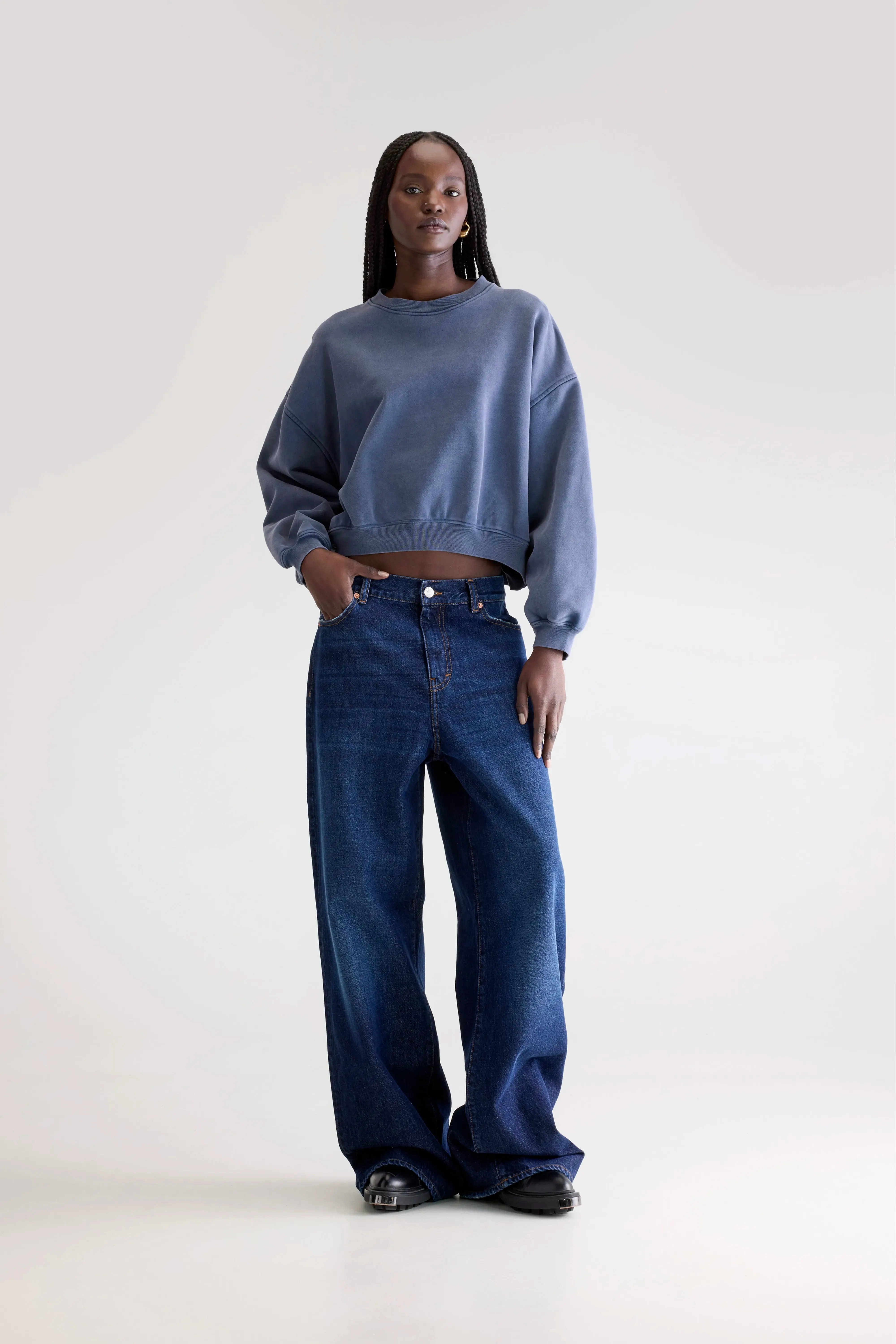 Fancy cropped crewneck sweatshirt (252 / W / BLUES) Washable Yoga Friendly