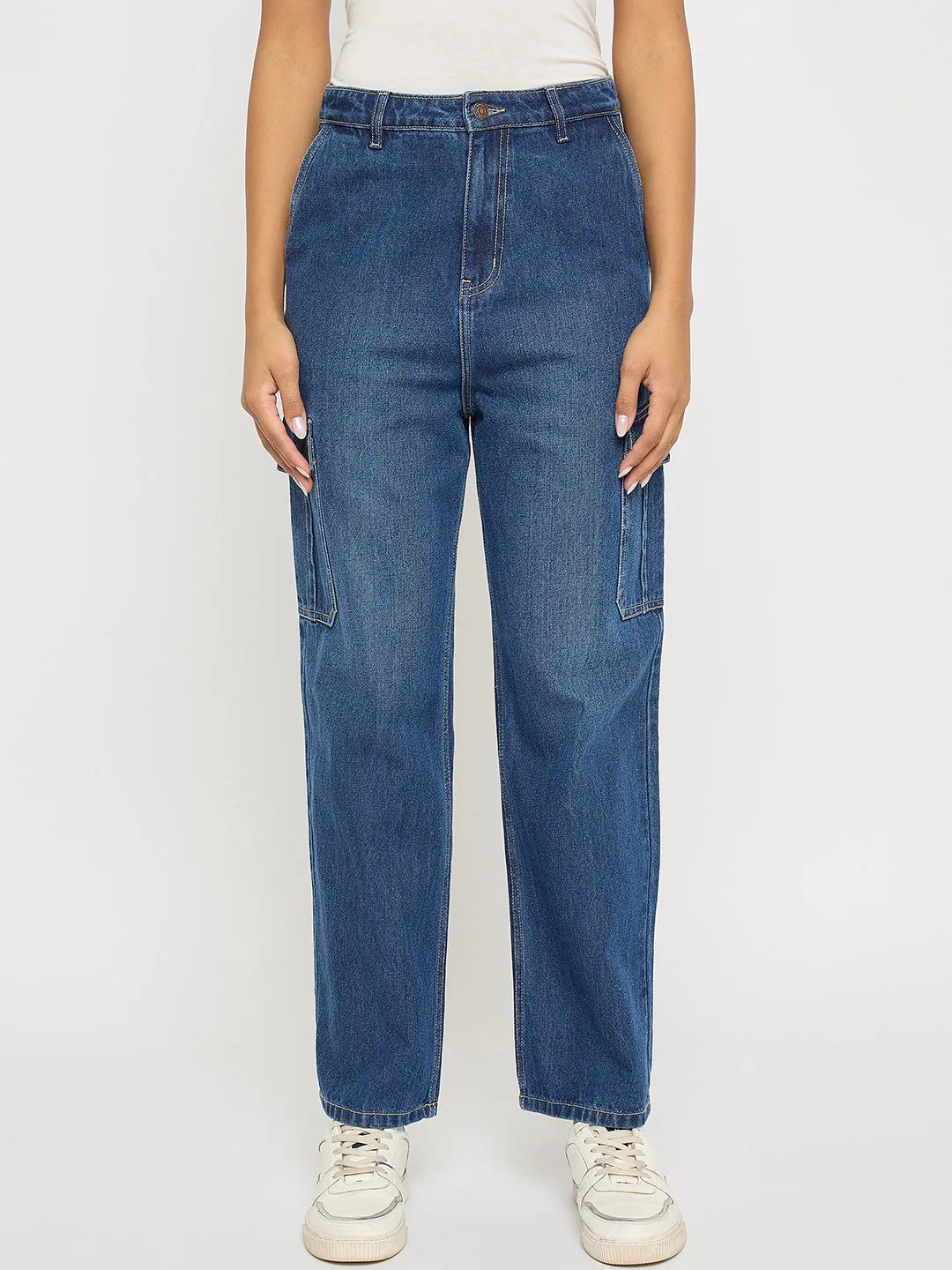 Durable Twill AntiPilling Madame Wide Leg Dark Blue Cotton Denim Cargo
