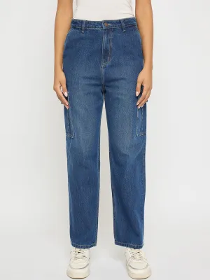 Durable Twill AntiPilling Madame Wide Leg Dark Blue Cotton Denim Cargo