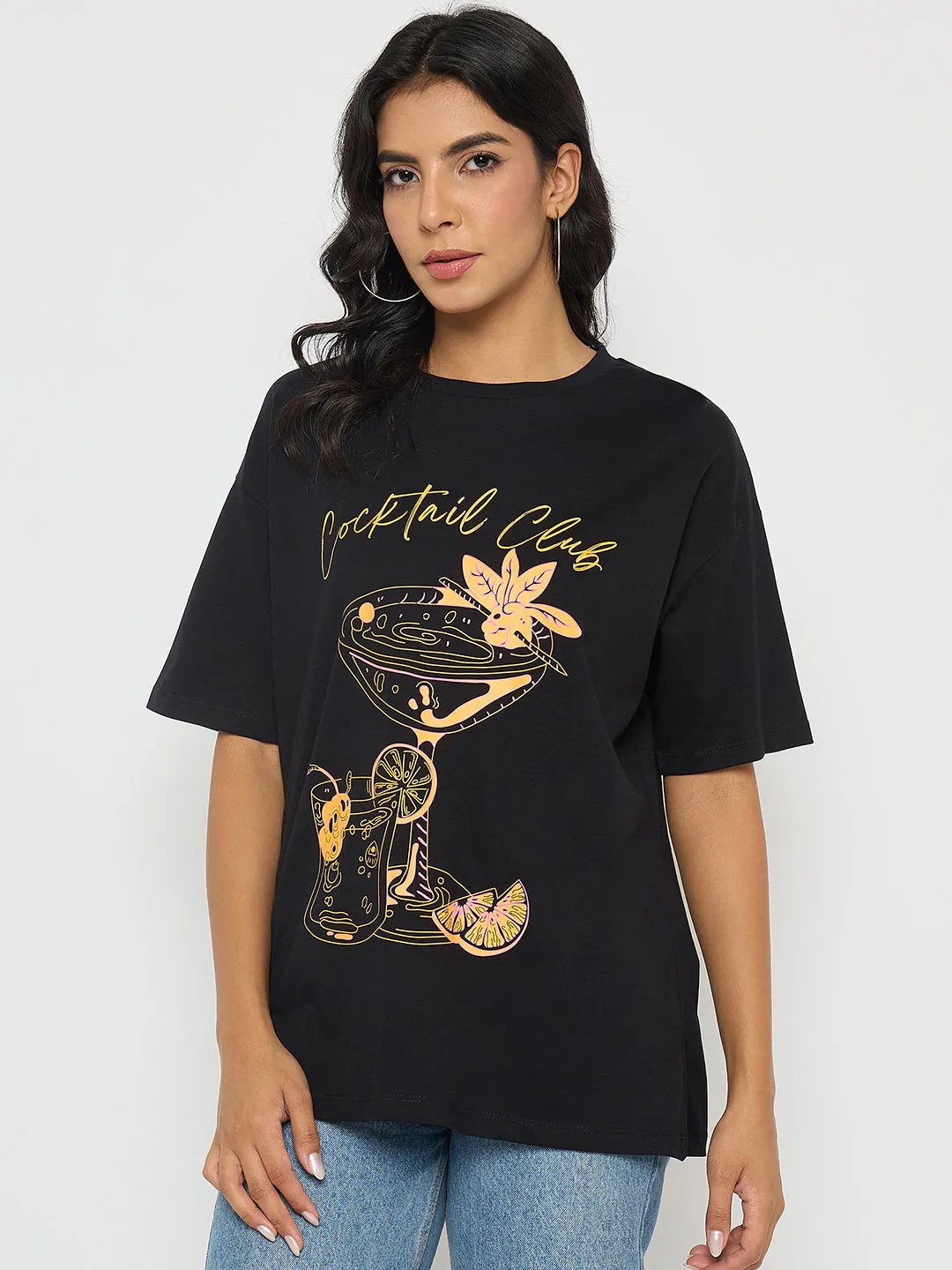 Madame Graphic Print Black Cotton T-shirt Perfect for Outdoors