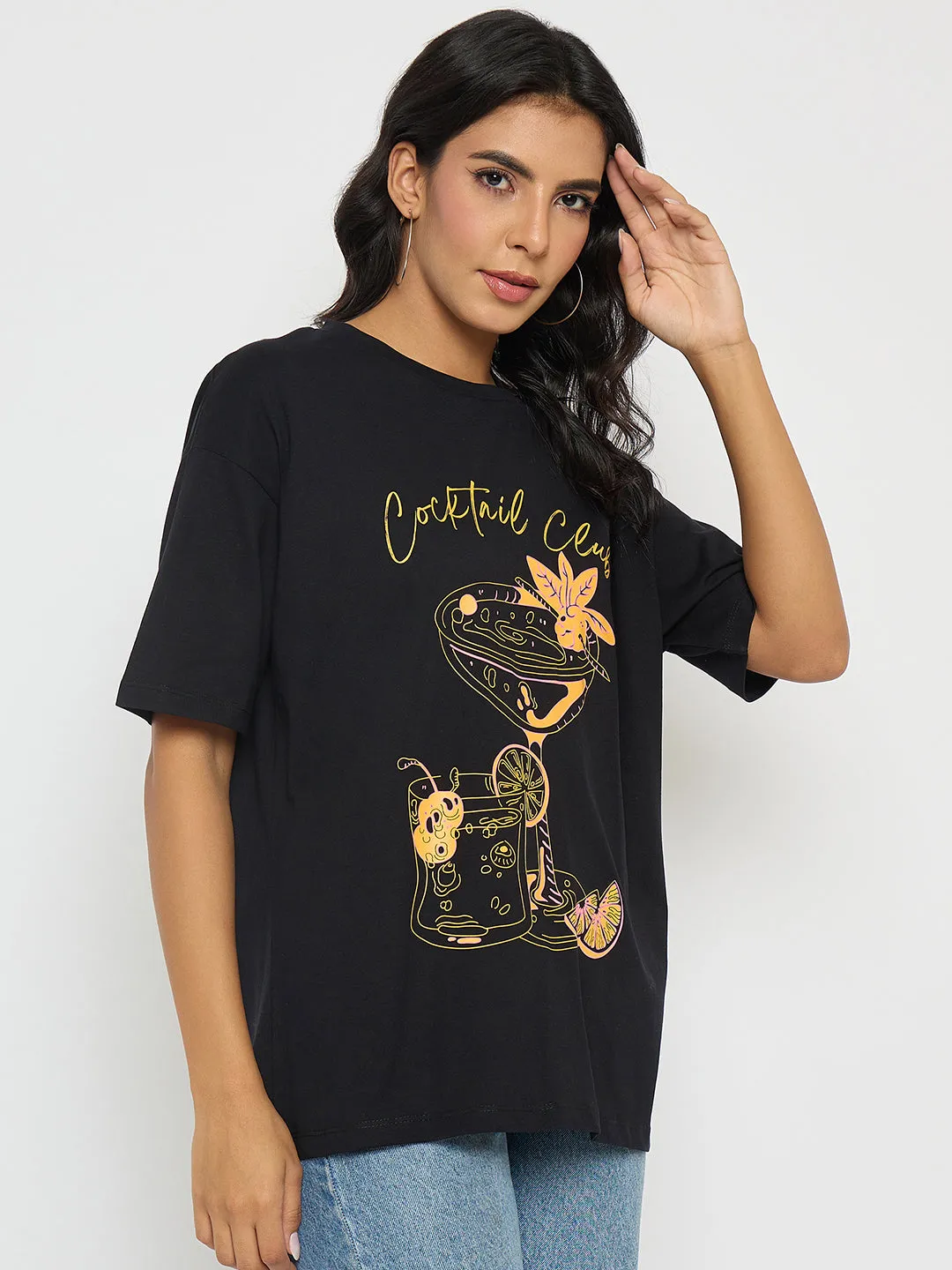 Soft and Light Trendy Basics Madame Graphic Print Black Cotton T-shirt