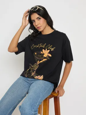 Soft Touch Eco friendly materials Madame Graphic Print Black Cotton T-shirt