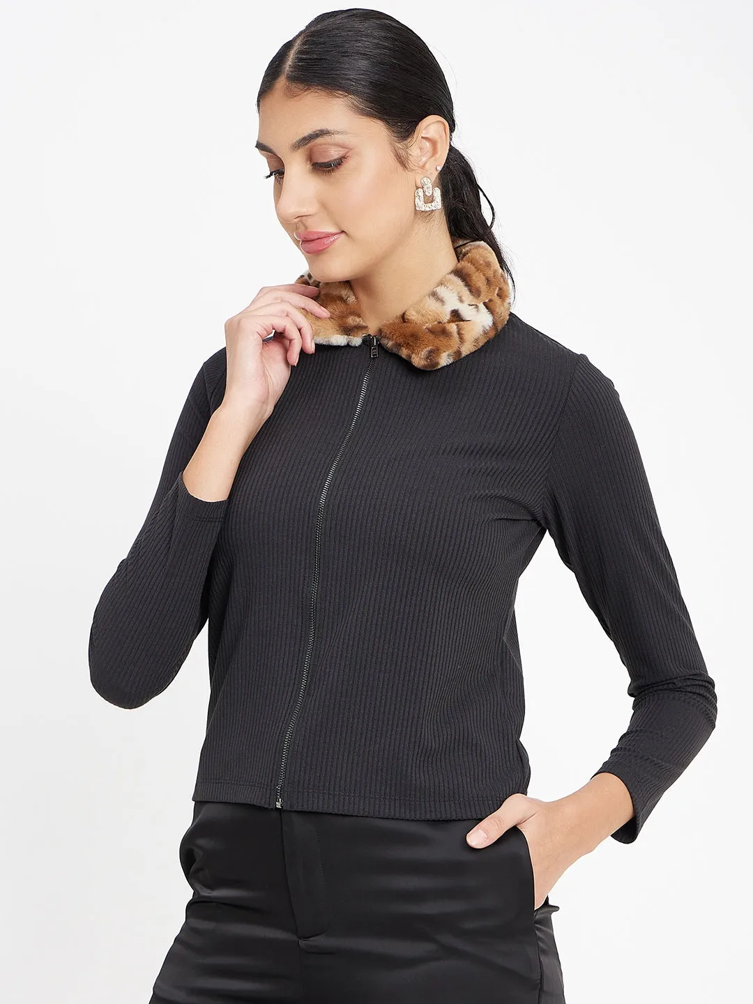 Ski Core Madame Black Ribbed Polo Neck Top