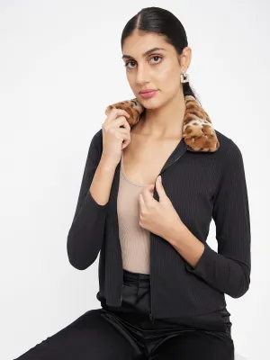 Madame Black Ribbed Polo Neck Top Natural Fiber Blend