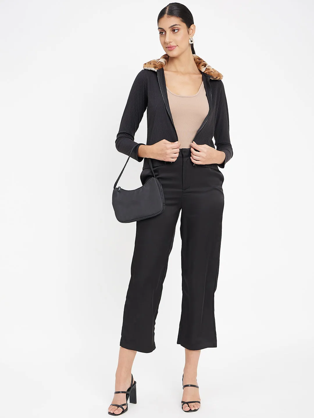 Madame Black Ribbed Polo Neck Top Summer Style