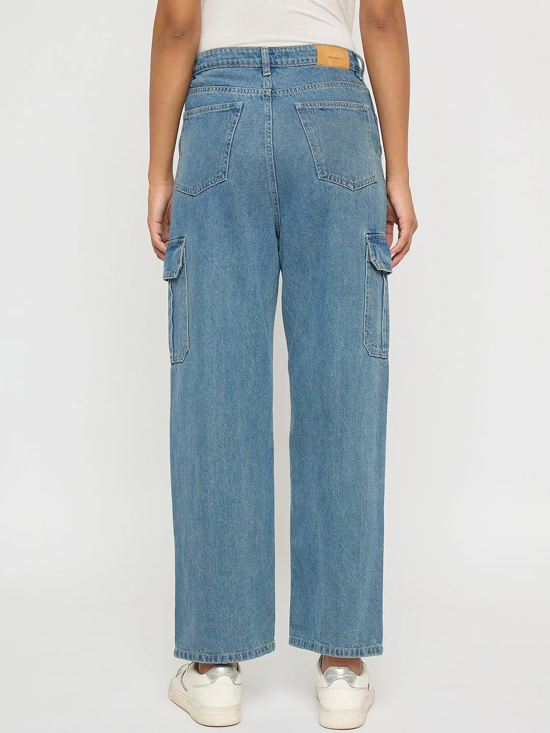 Madame Wide Leg Light Blue Cotton Denim Cargo Trendy Cut No Iron