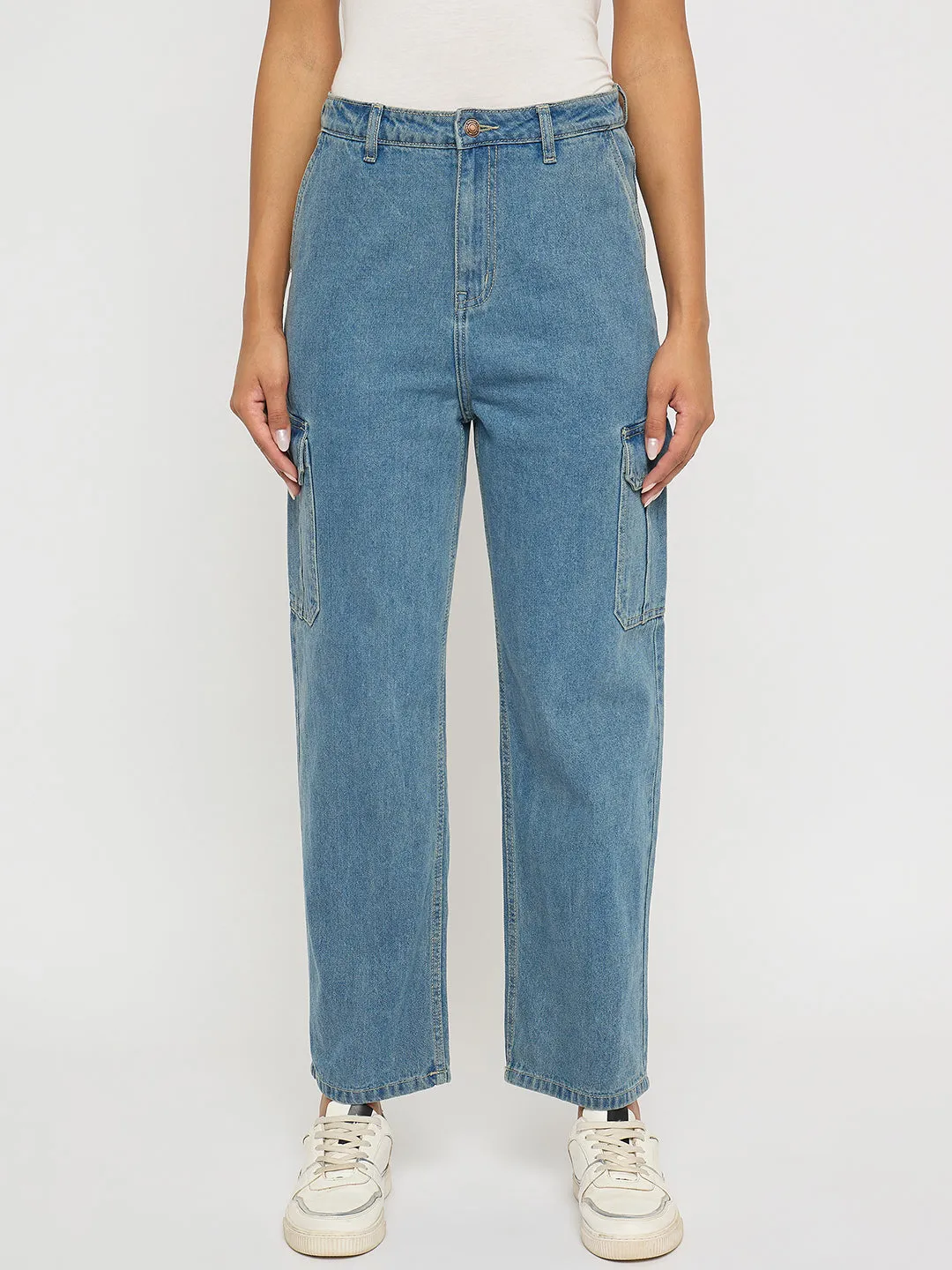 Madame Wide Leg Light Blue Cotton Denim Cargo Seamless construction Dynamic Fit