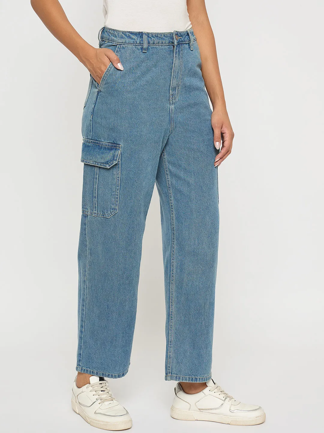 Madame Wide Leg Light Blue Cotton Denim Cargo MultiPocketSystem Transitional Style
