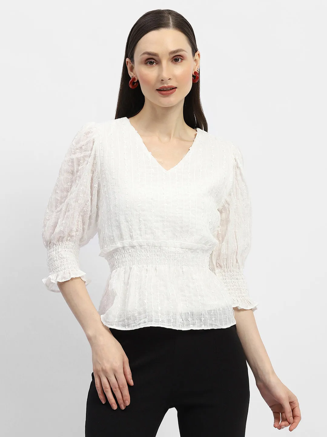StaticFree Material HiddenZipperClosure Madame Shimmery Off-White Peplum Top