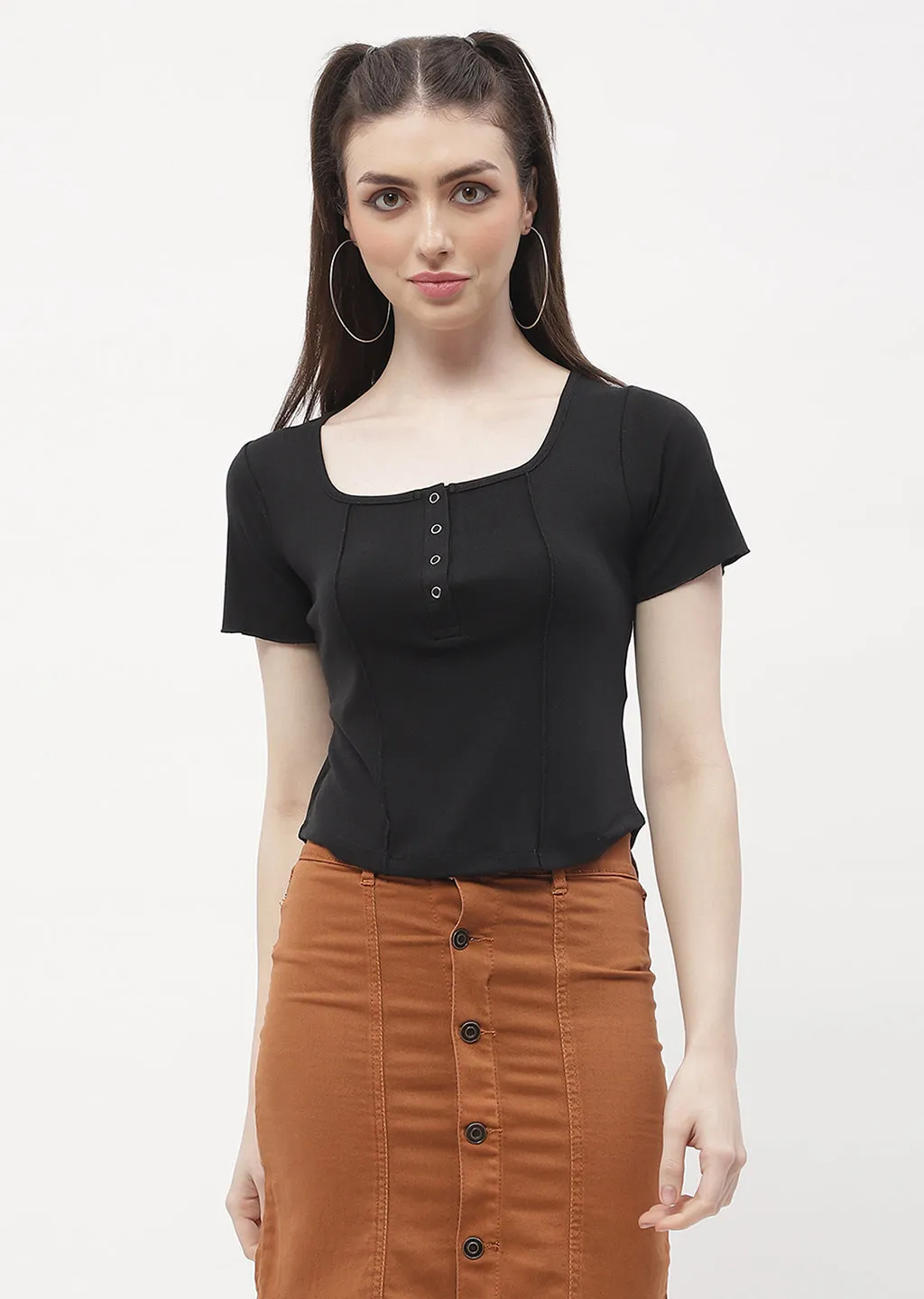 Madame Solid Black Corset Style Top Casual Fit Elegant Skirt