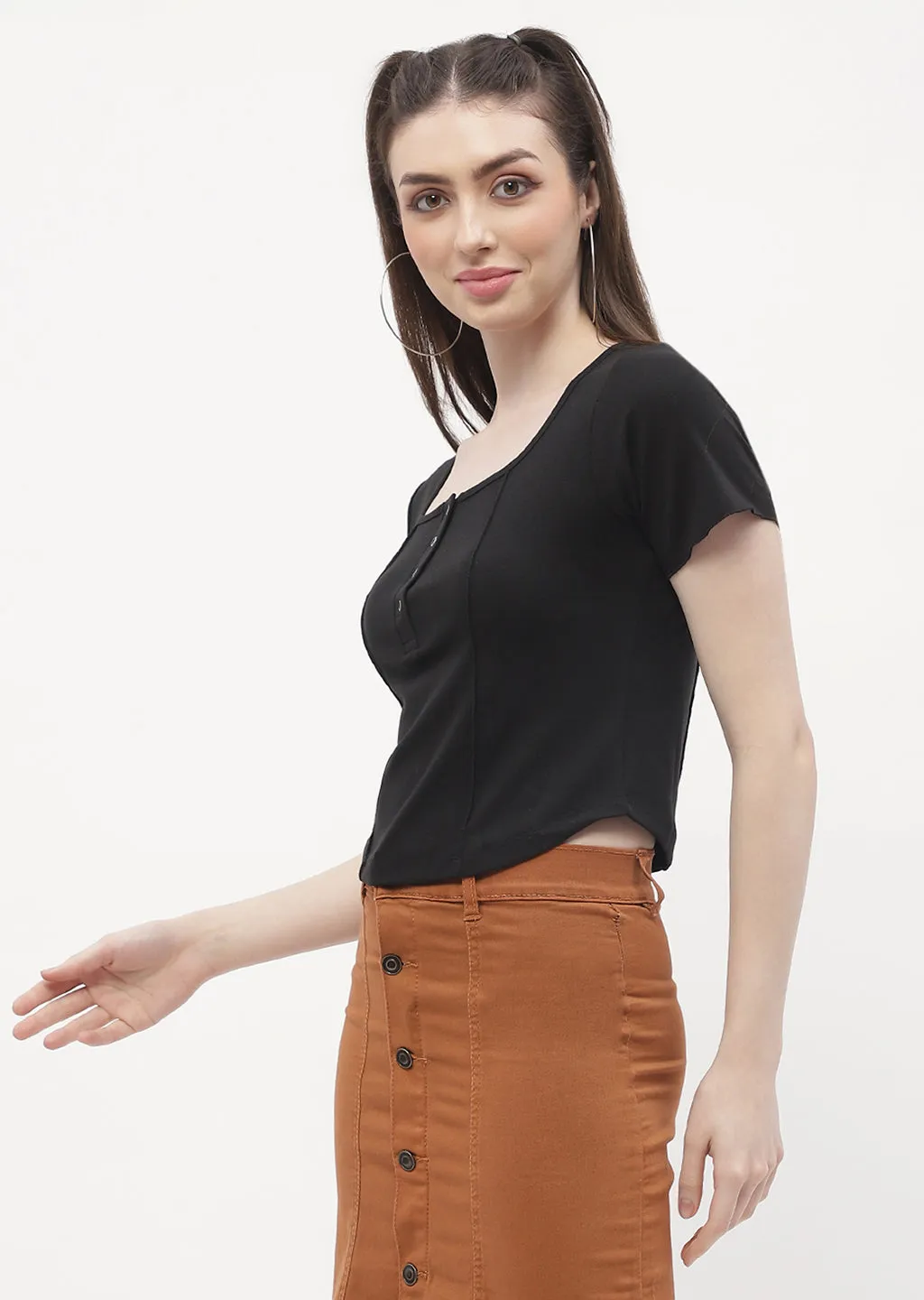 Madame Solid Black Corset Style Top Open Heart Modern Fashion