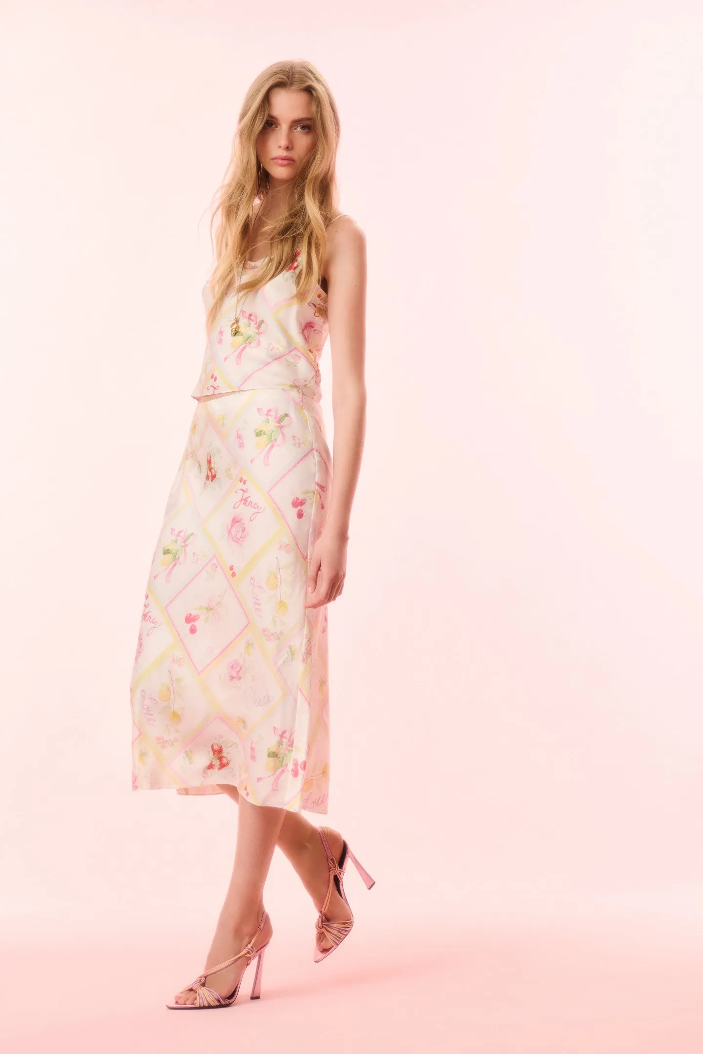 Castle Silk-Blend Fruit Print Midi Skirt Flowy Drape Aesthetic Fit
