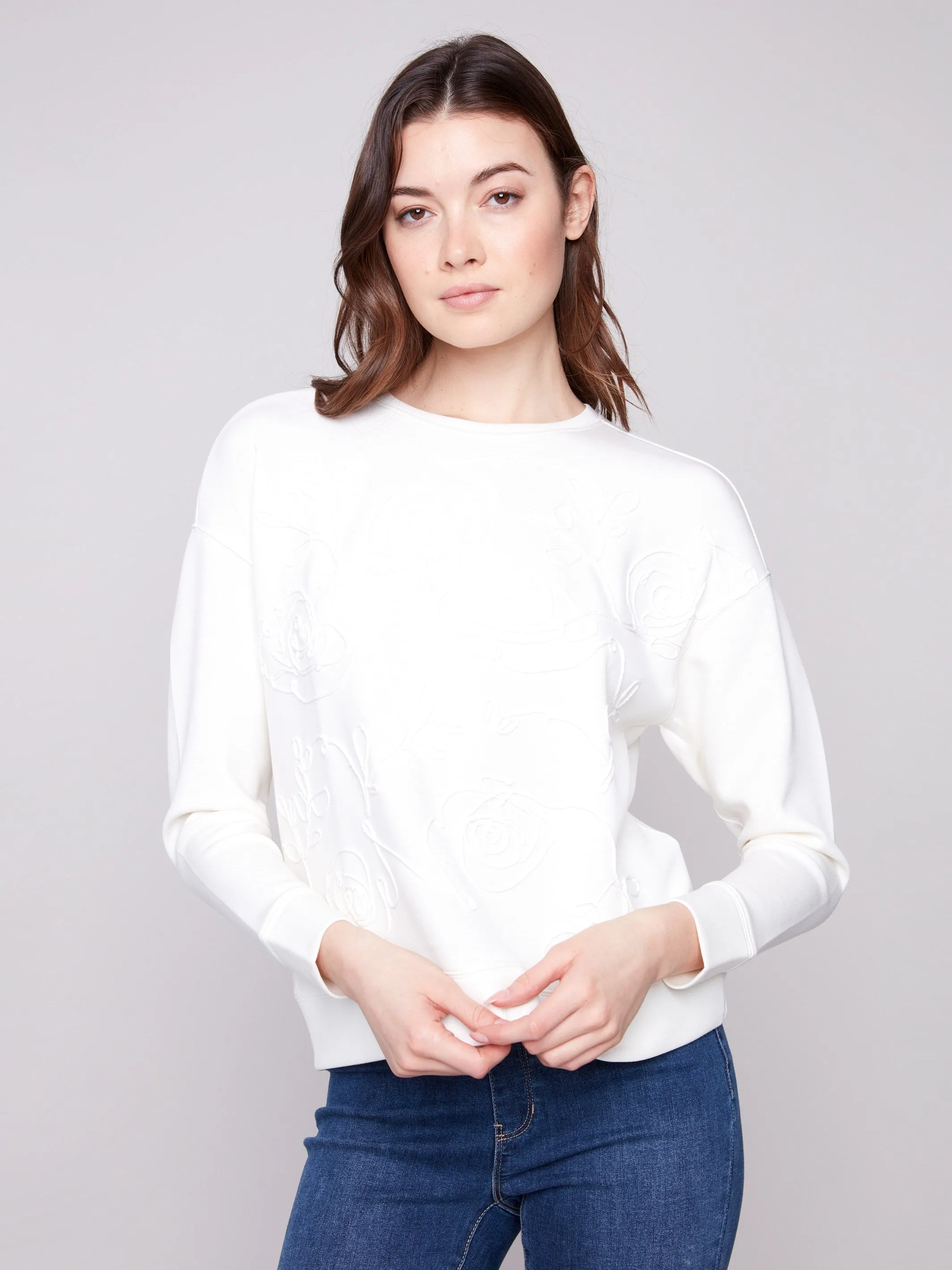 Icon Glow ZeroRestrictionMobility Scuba Knit Top with Soutache Detail - Ecru