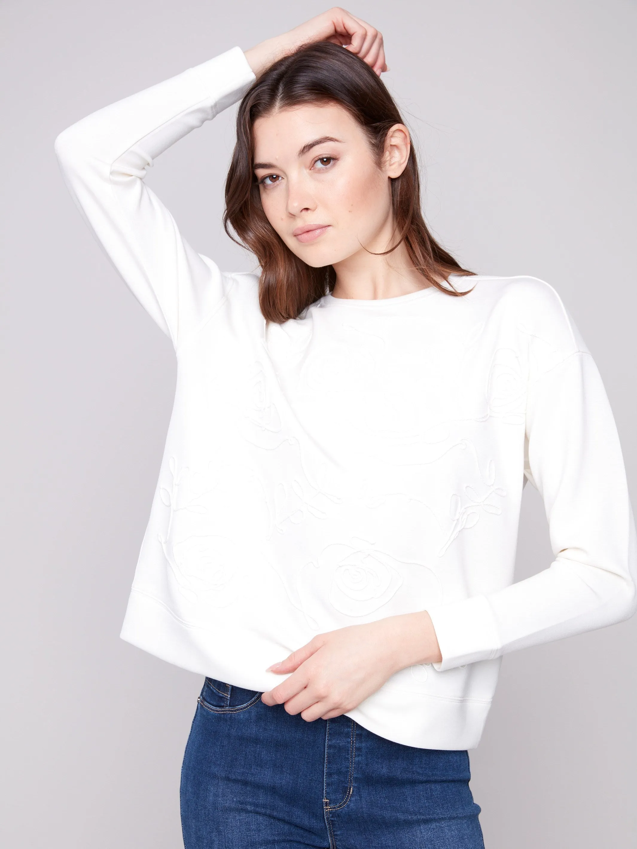Scuba Knit Top with Soutache Detail - Ecru LightweightInsulation Layered Hem Details