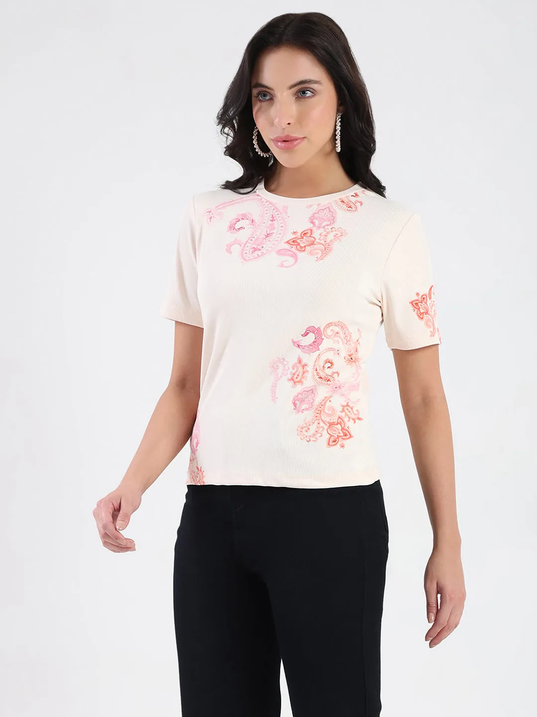 Wrinkle Resistant Material Madame Placement Sublimation Print Peach Smooth Rib T-Shirt