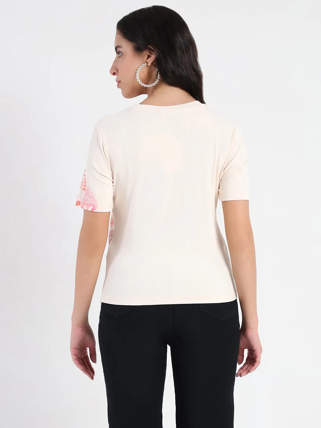 Madame Placement Sublimation Print Peach Smooth Rib T-Shirt Lightweight Comfort Wear