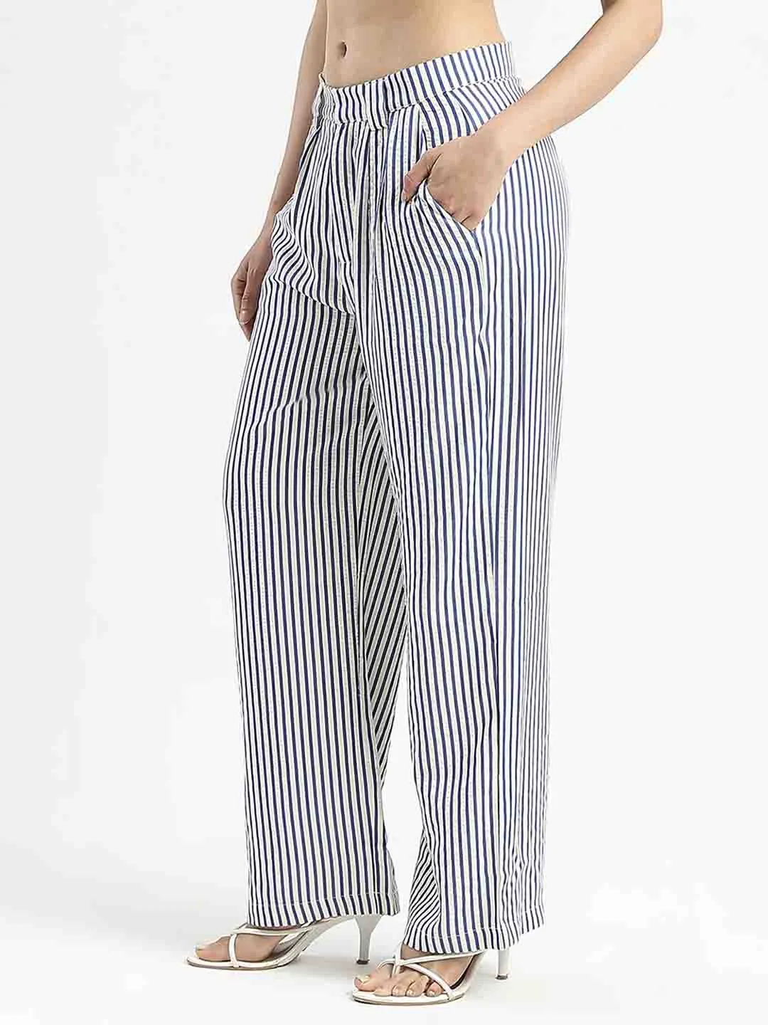 Trendy Cut Madame Striped Wide Leg Viscose Blend Navy Blue Trousers