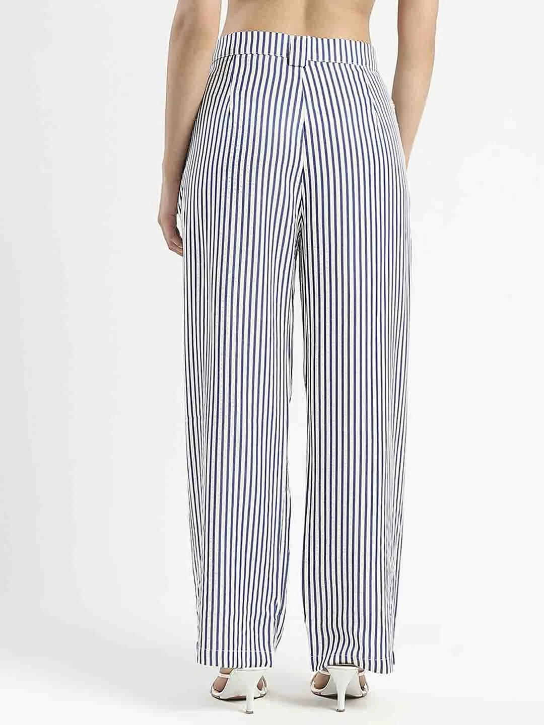 Madame Striped Wide Leg Viscose Blend Navy Blue Trousers Lightweight Flex