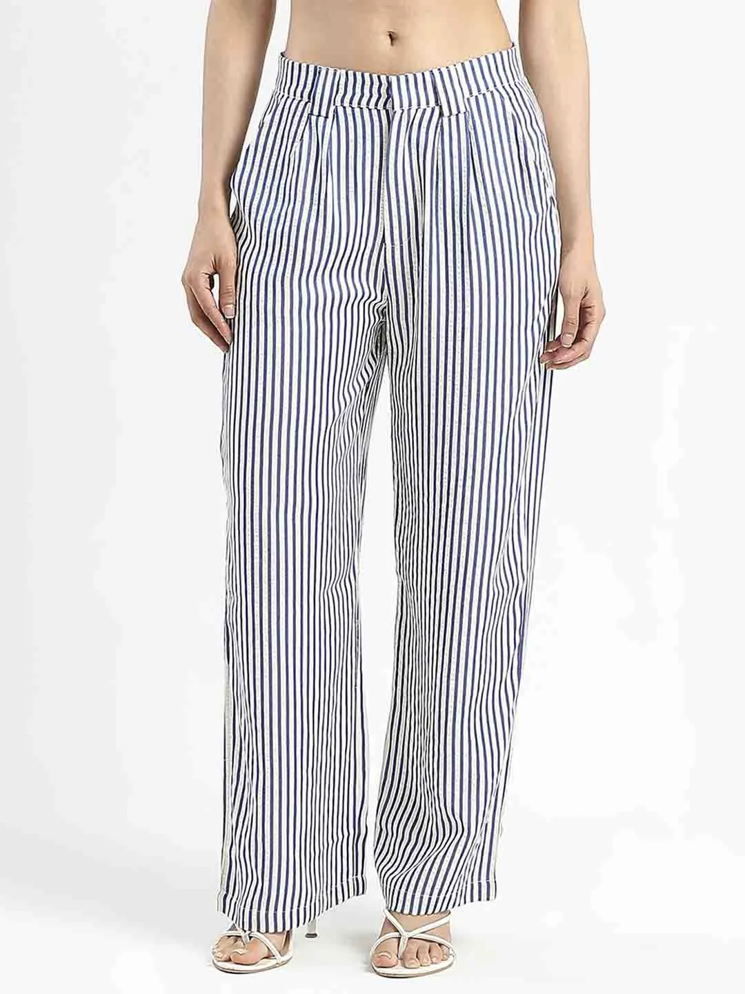 Timeless Wear Chill Wear Madame Striped Wide Leg Viscose Blend Navy Blue Trousers