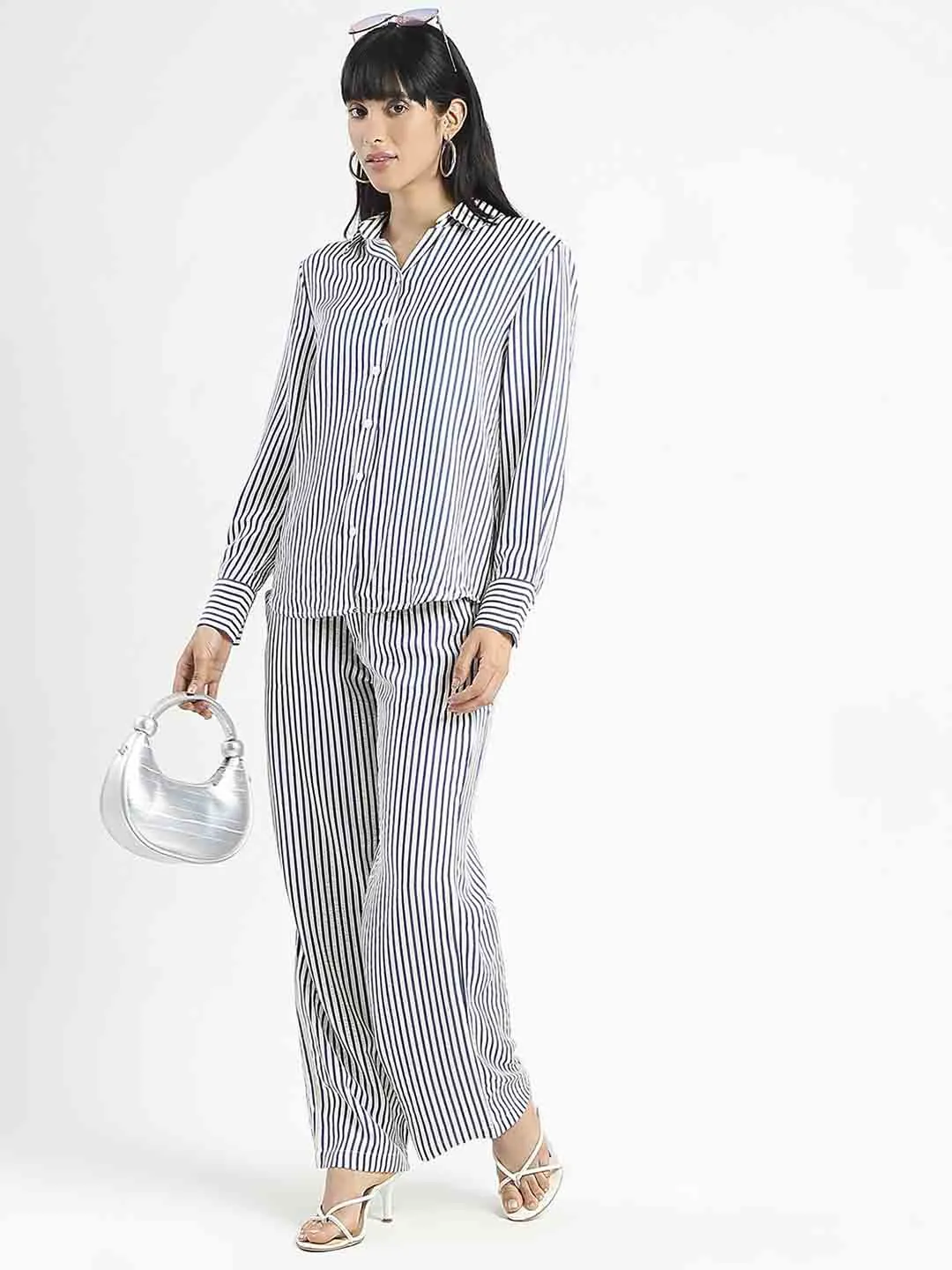 Performance Gear Madame Striped Wide Leg Viscose Blend Navy Blue Trousers