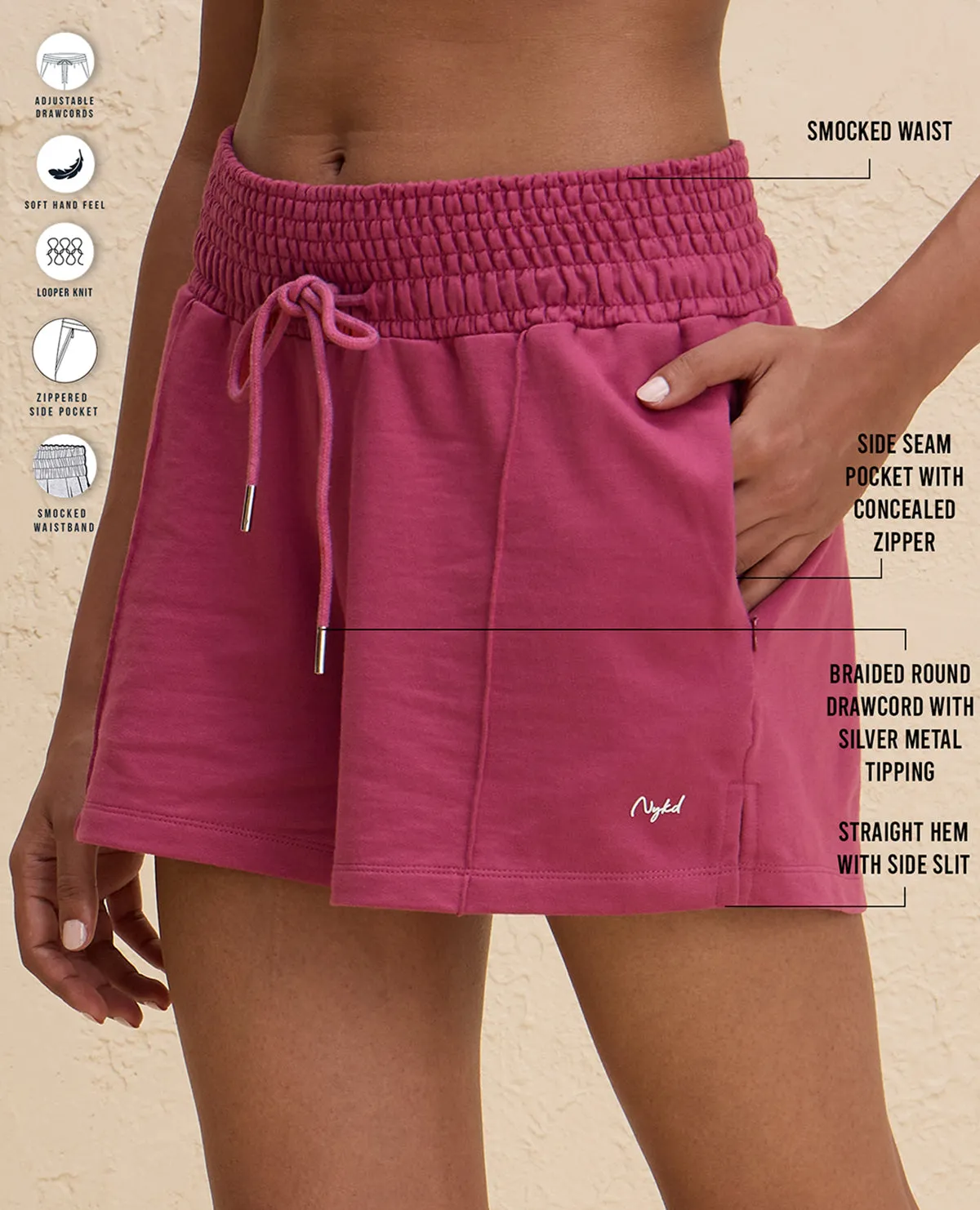 Street Fashion Nykd By Nykaa Summer Essential Smocked Waist Lounge Cotton Terry Shorts -NYLE603-Grape