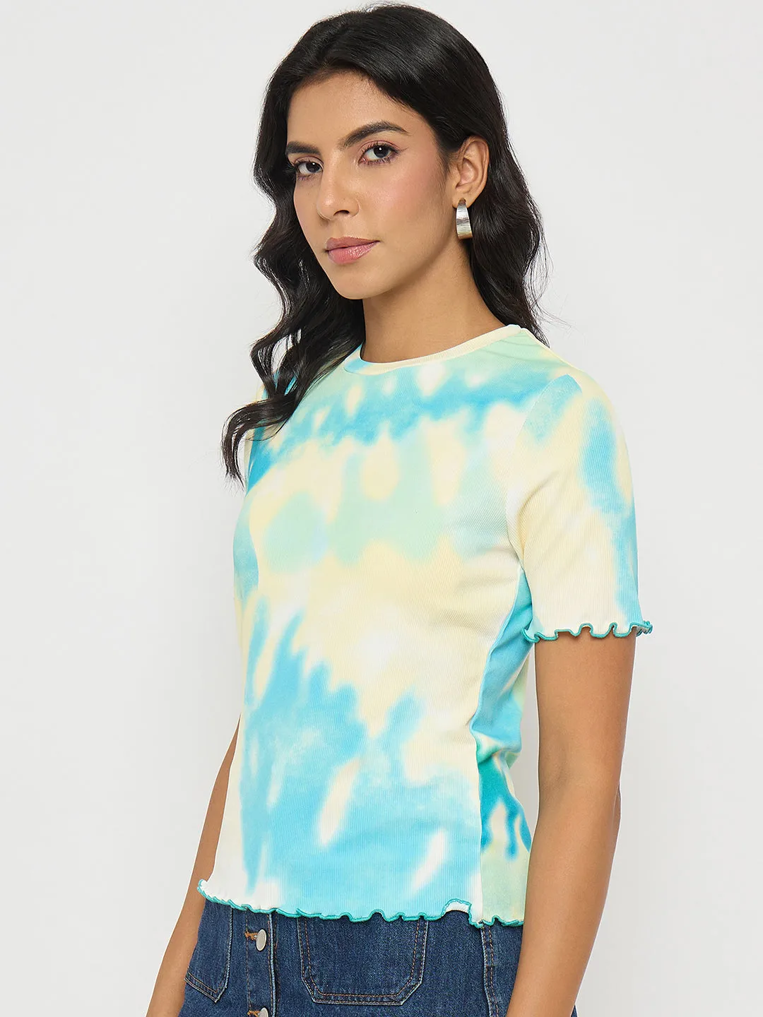 Washable fabric Madame Tie-Dye Lettuce Hem Aqua Blue T-Shirt