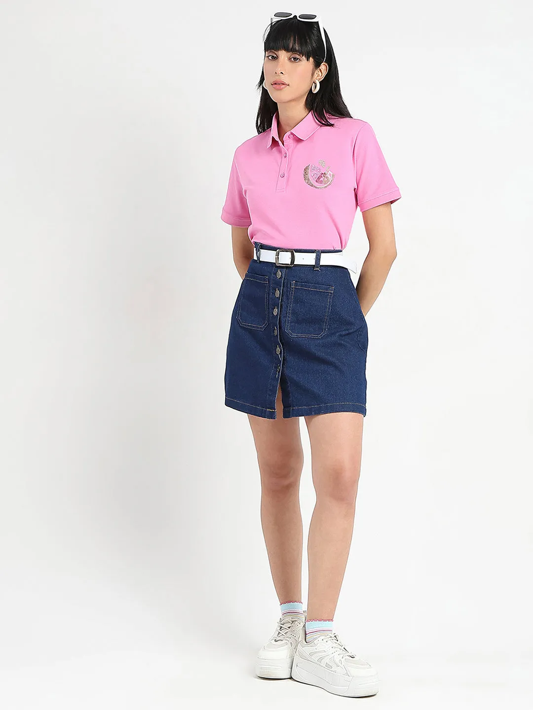MinimalBranding Madame Graphic Print Adorned Cotton Blend Pink Polo T-shirt