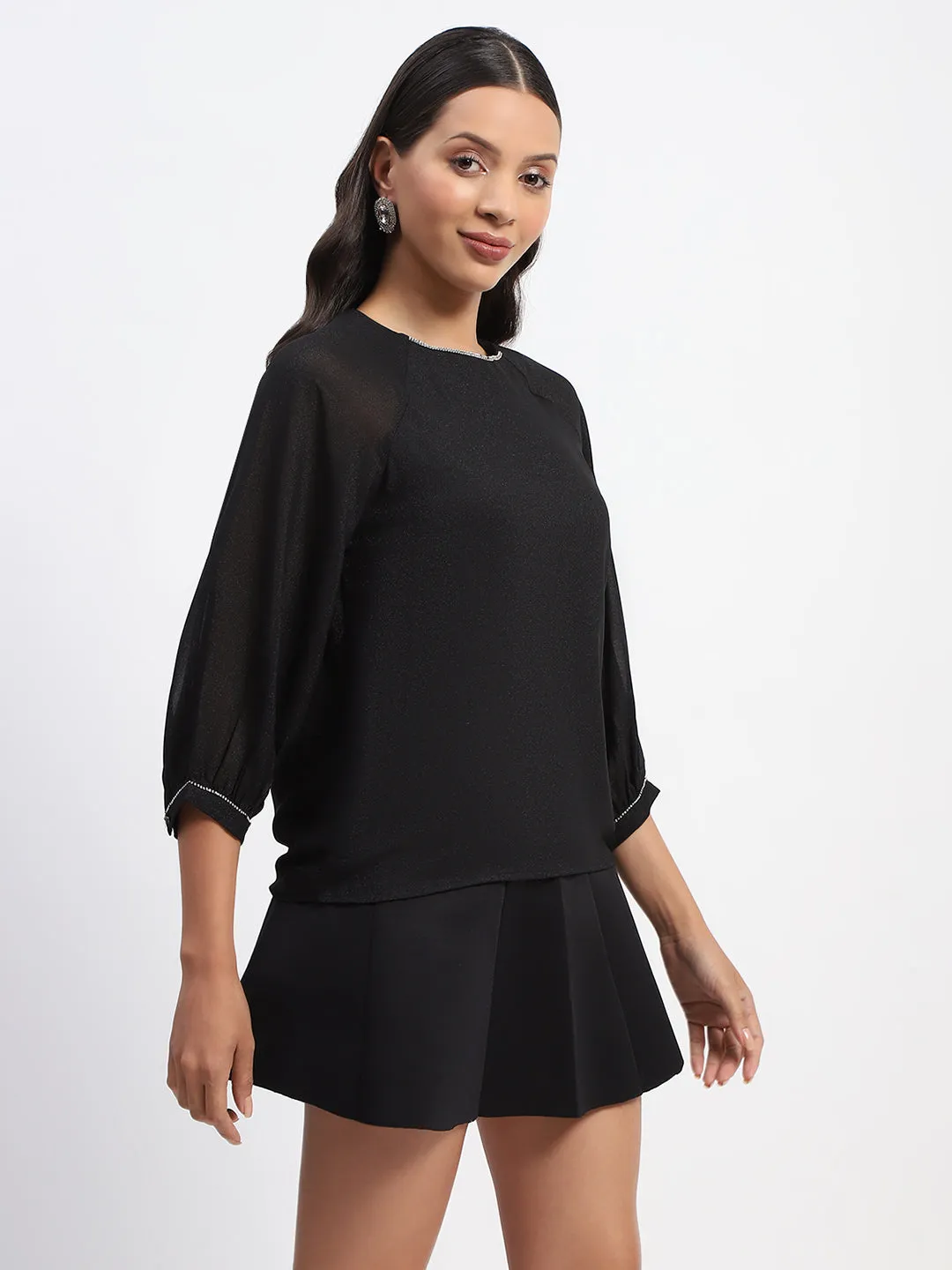 Madame Embellished Puffed Sleeve Black Top AntimicrobialCoating