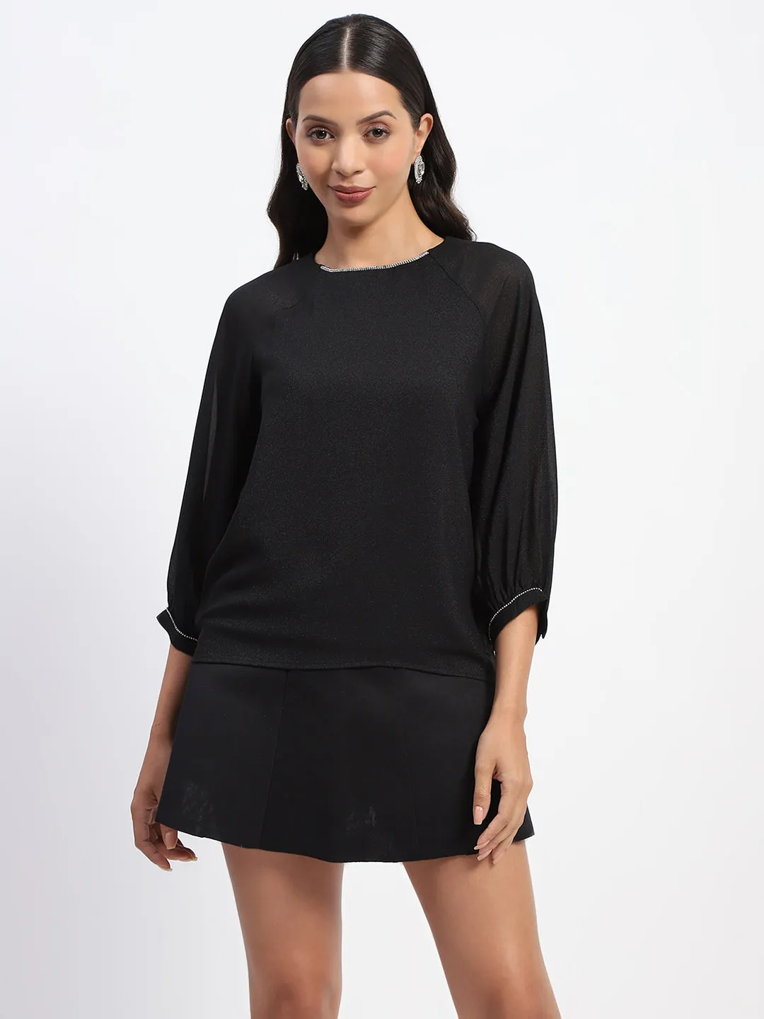 Madame Embellished Puffed Sleeve Black Top Casual Look Warm Base