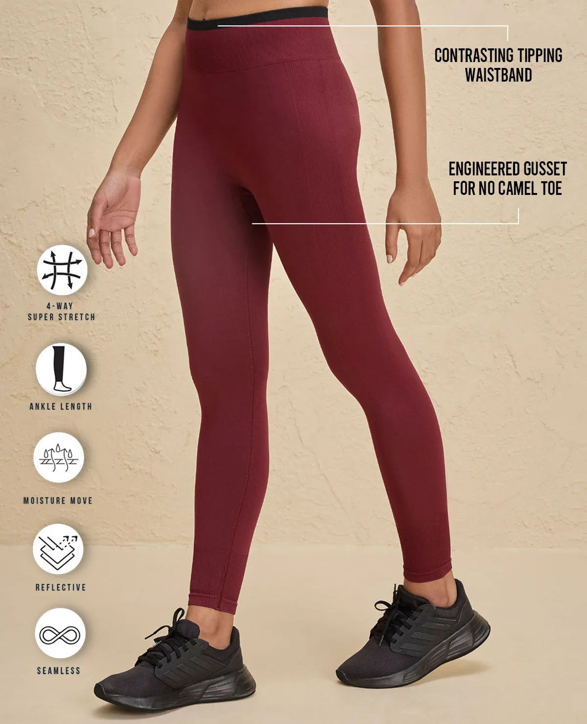 Travel Outfit Wrinkle Resistant Squat Proof Indoor Exercise Nykd By Nykaa Seamfree Game Changer Booty Leggings -NYK406-Maroon