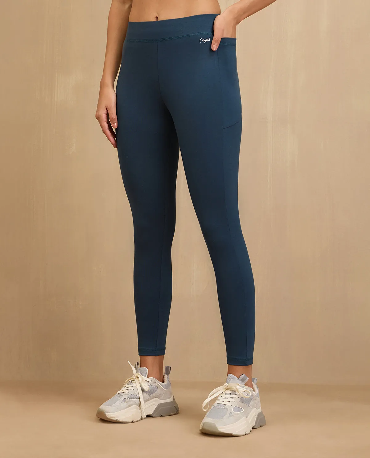NYKD By Nykaa Comfort Leggings with Pockets! - NYAT401-Blue Double Layer Outdoor Running