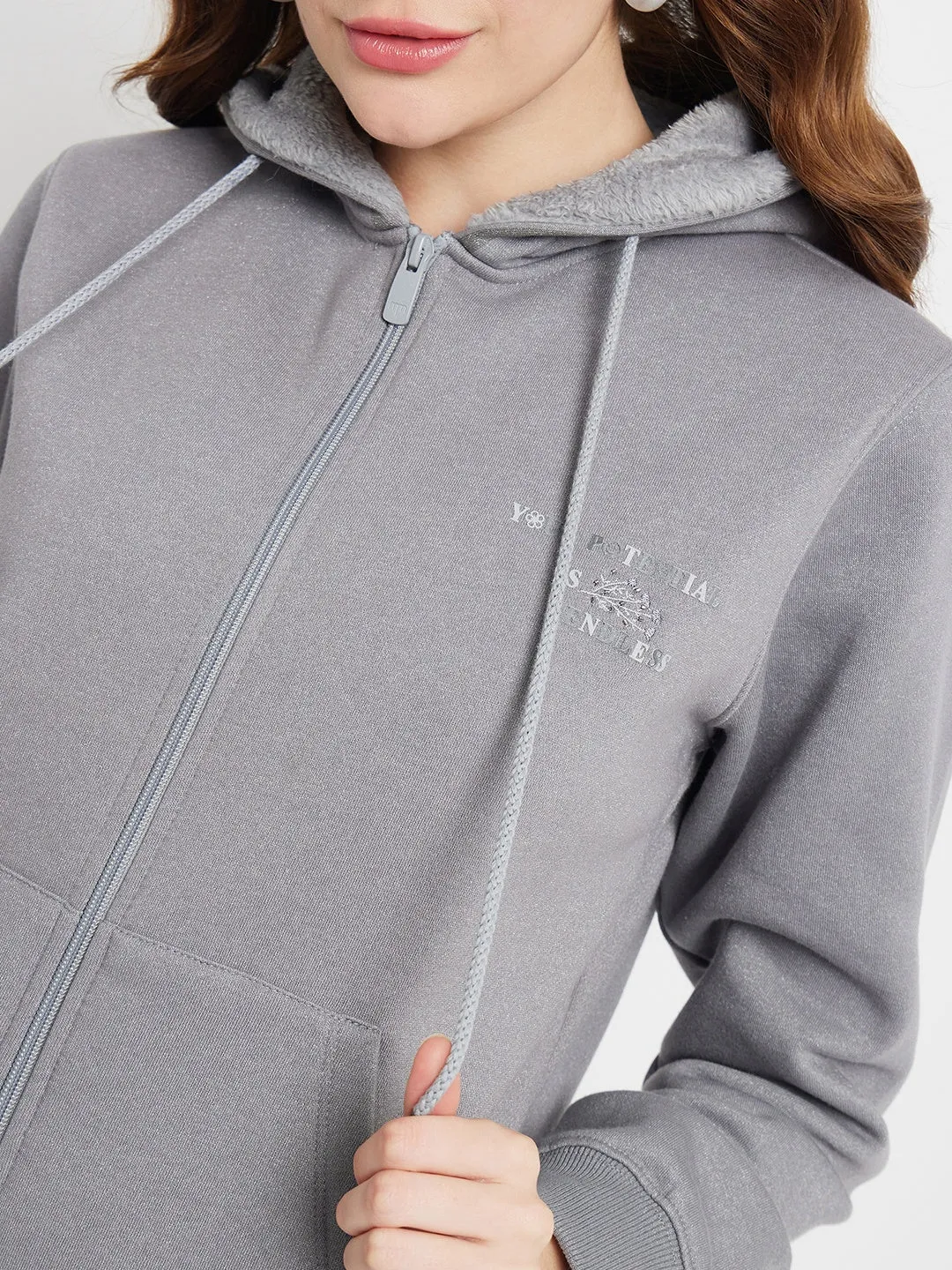 Madame Solid Grey Hooded Sweatshirt Lightweight Hoodie All-Season Wear