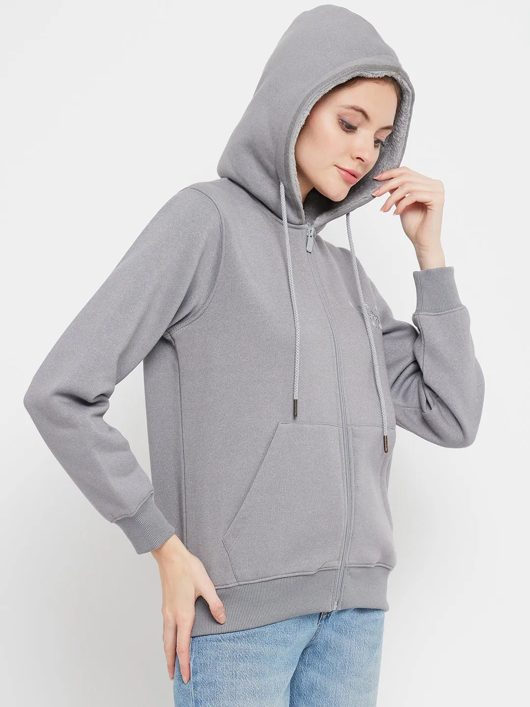 Madame Solid Grey Hooded Sweatshirt Oversized Design Modern Fit