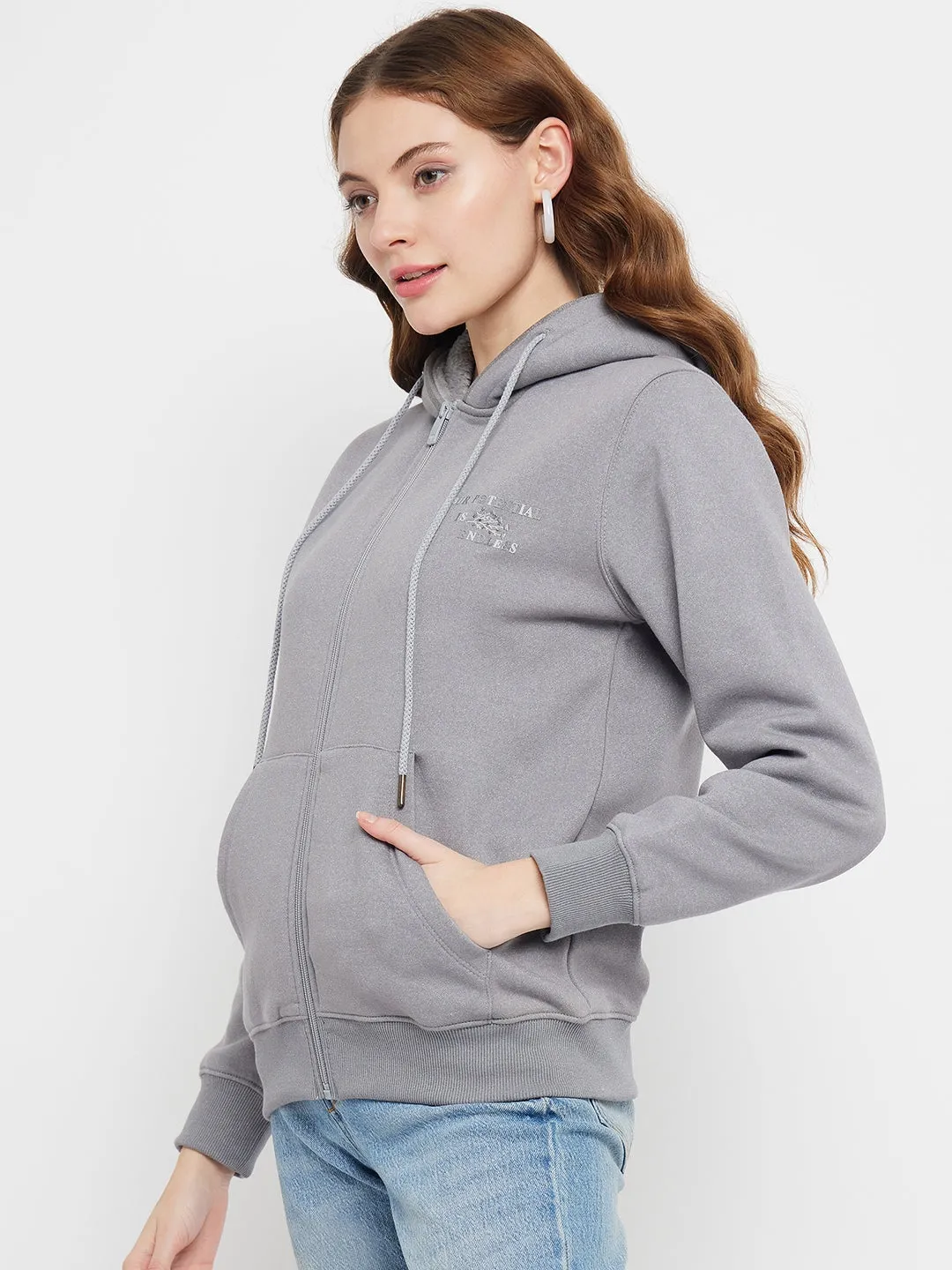 Fashion Forward Madame Solid Grey Hooded Sweatshirt