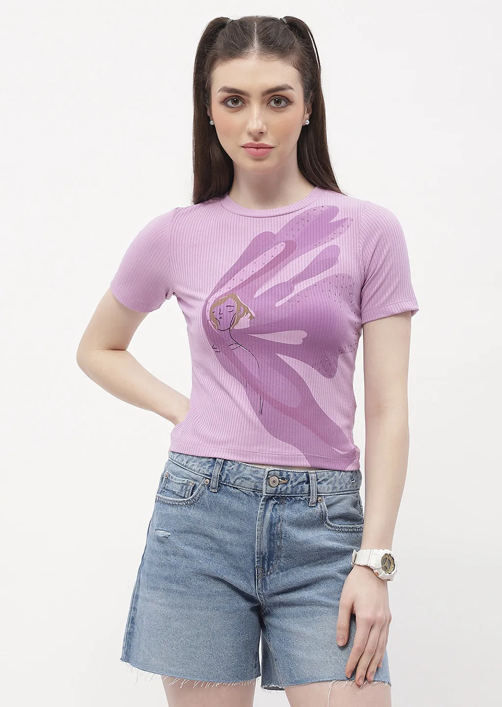 Madame Graphic Print Lilac Ribbed T-Shirt Odor-resistant