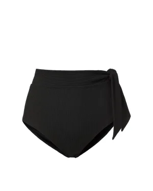 Side Tie High Waist Bottom In Black Texture Rash Guard Coating