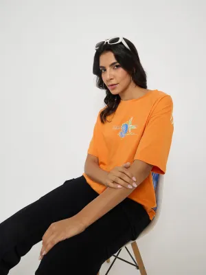 Madame Front and Back Graphic Print Orange Cotton T-Shirt Minimal Comfort Wear