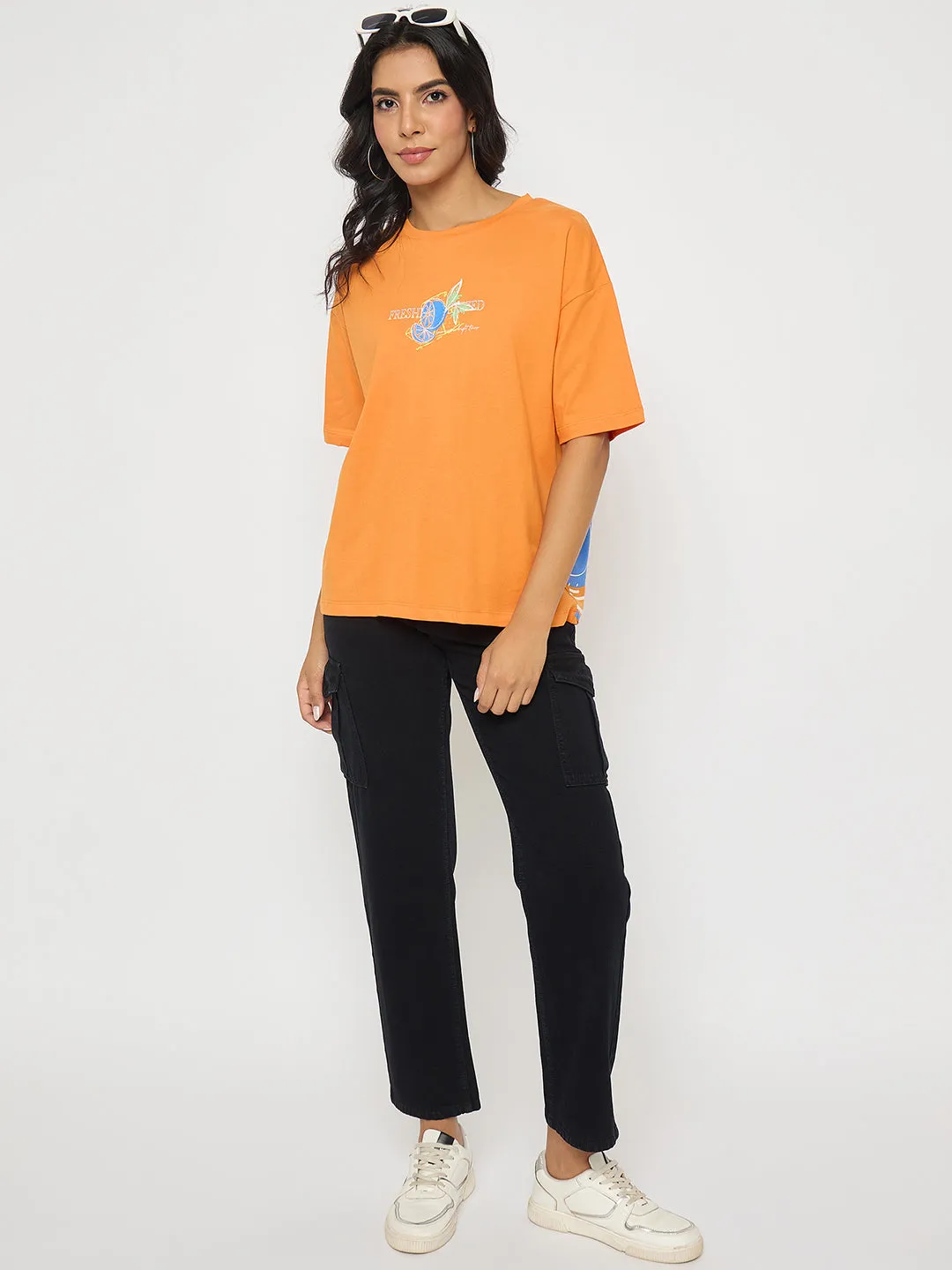 Smart Comfort Madame Front and Back Graphic Print Orange Cotton T-Shirt