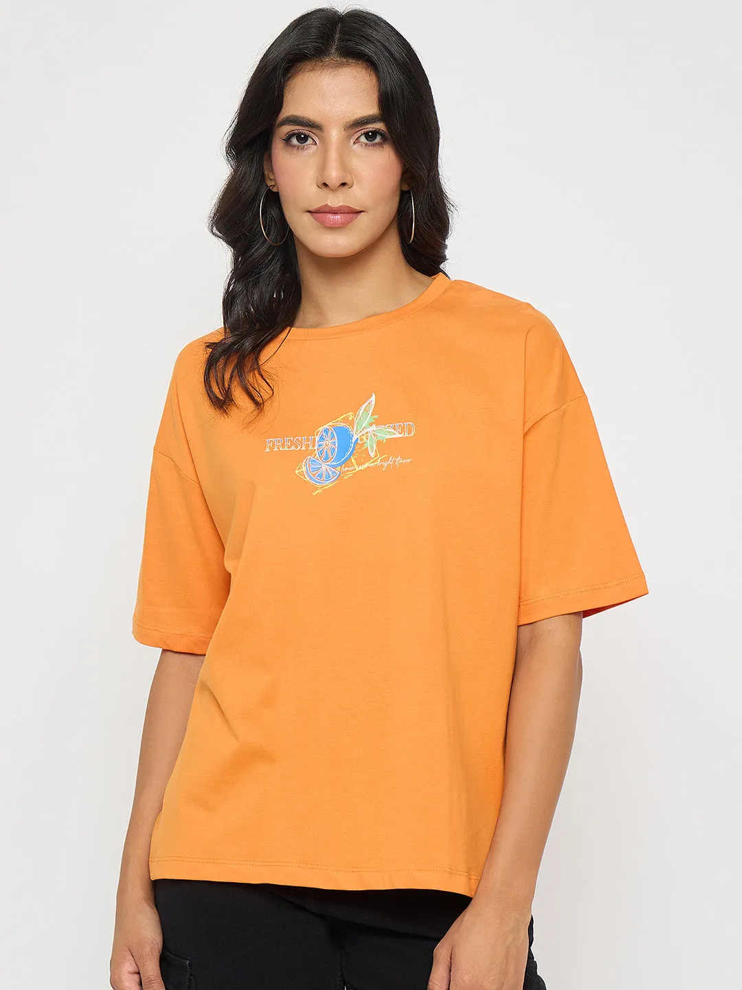 Classic Design Lightweight Comfort Wear Madame Front and Back Graphic Print Orange Cotton T-Shirt